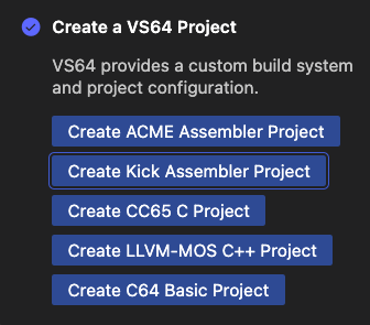 vs64 extension project creation options