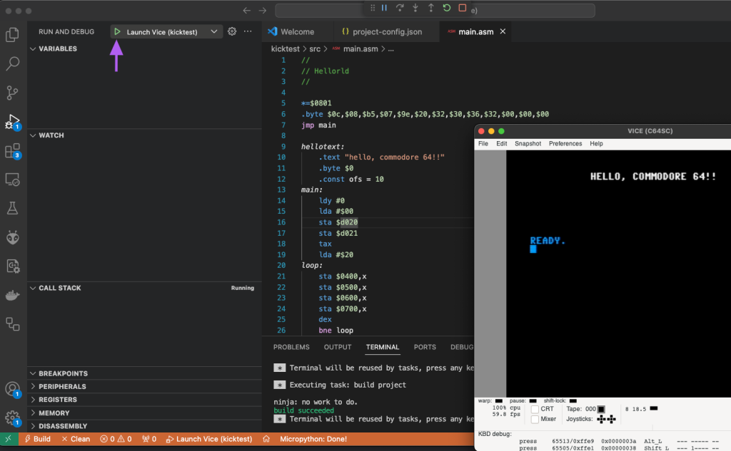 Running a 6502 assembly project in vs64 and vice