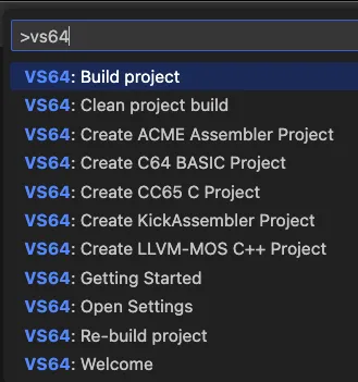 vs64 extension project creation options from the search bar