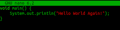 A one-method Java program in the nano editor