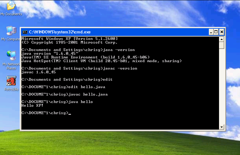 Java Hello World running on a Pentium III with Windows XP
