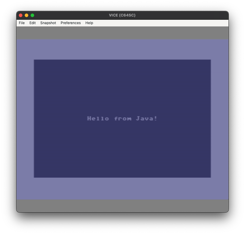 Hello from Java! on a Commodore 64 screen, compiled with Java Grinder