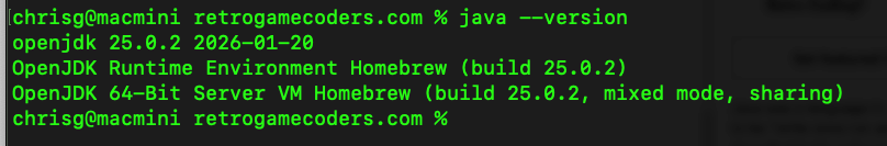 java --version on a Mac reporting OpenJDK 25.0.2 from Homebrew
