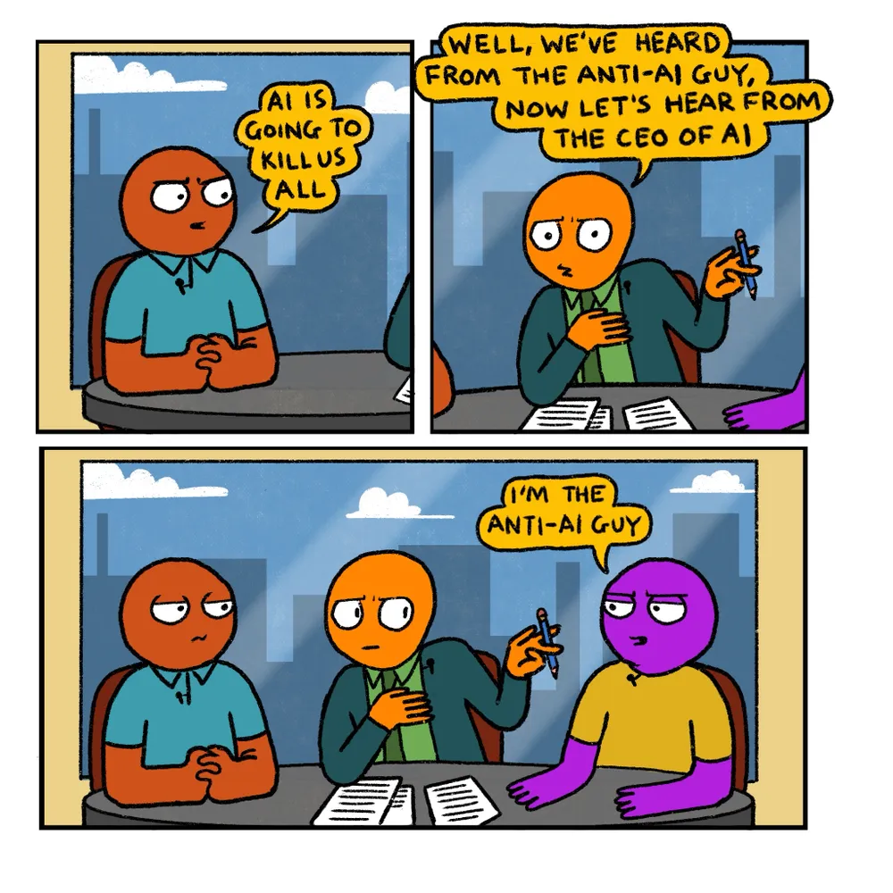 Three-panel cartoon: a TV panel guest says AI is going to kill us all, the host turns to the CEO of AI, and the third guest says he is the anti-AI guy