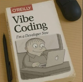 Parody O'Reilly book cover titled Vibe Coding: I'm a Developer Now, with a cartoon character at a laptop