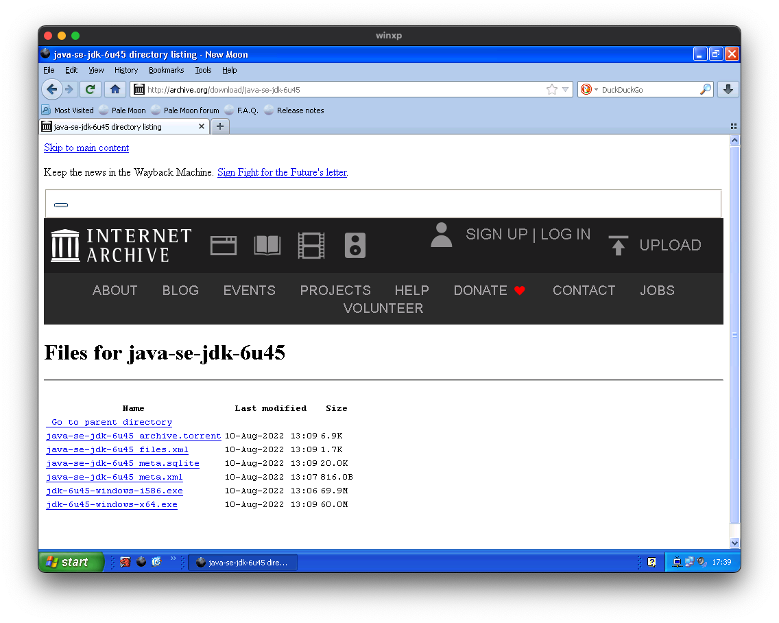 The Internet Archive download listing for JDK 6u45 in New Moon on Windows XP