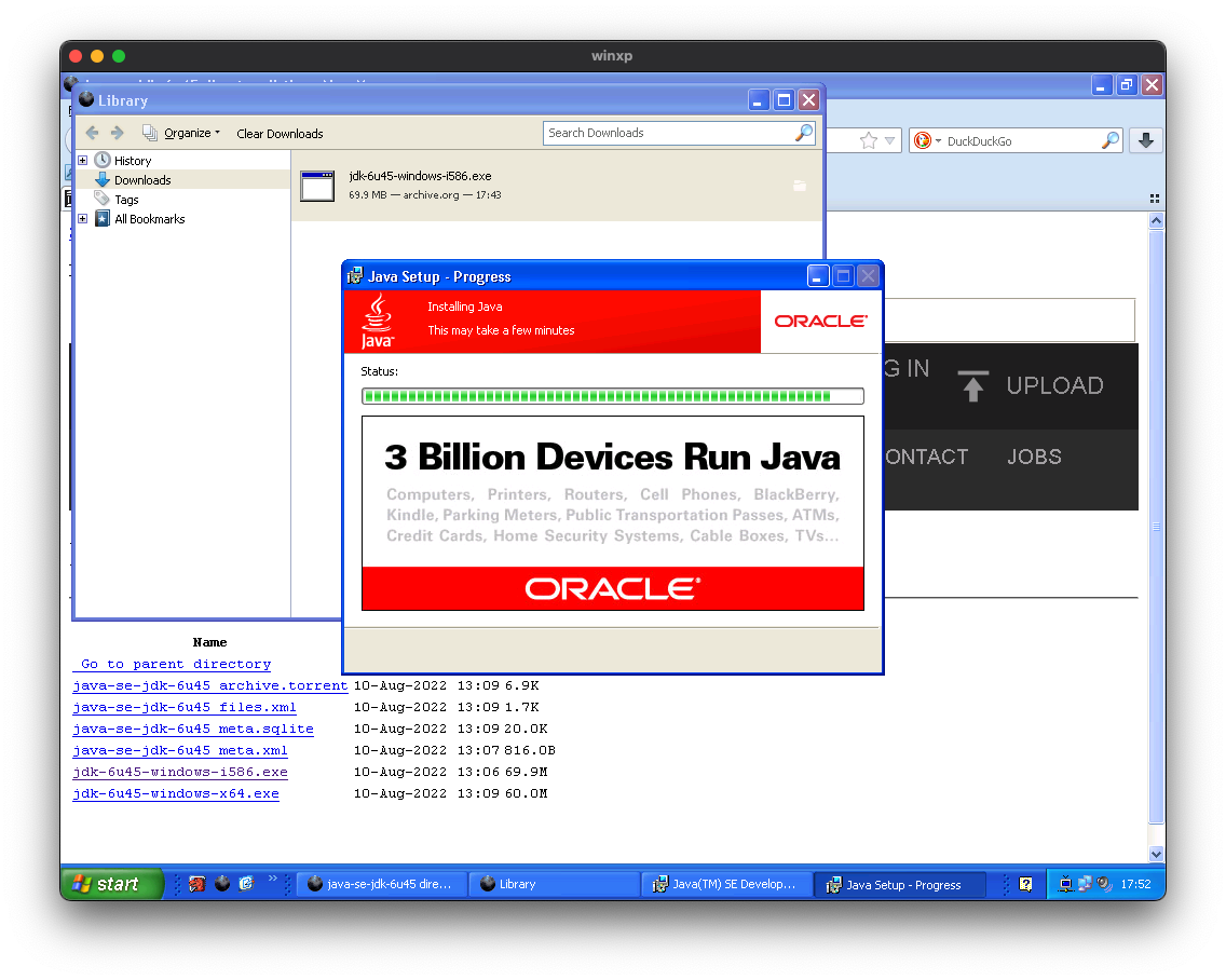 The Java SE 6 Update 45 installer on Windows XP showing the 3 Billion Devices Run Java banner