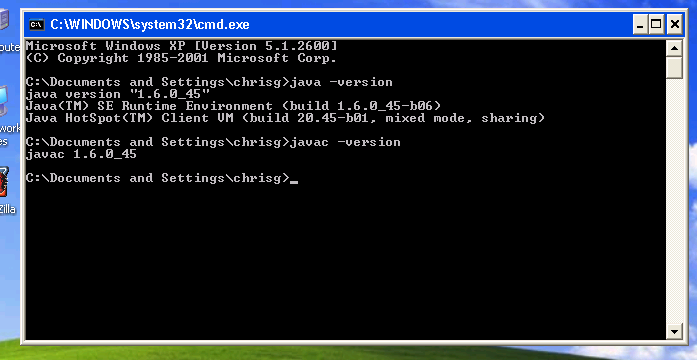 java -version and javac -version reporting 1.6.0_45 in a Windows XP Command Prompt