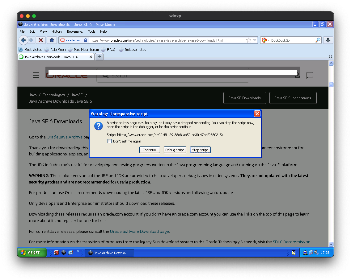 Oracle's Java SE 6 archive page frozen in New Moon on Windows XP, with an Unresponsive script warning